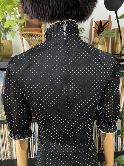 Vintage 1970s Black White Polka Dot Prairie Dress