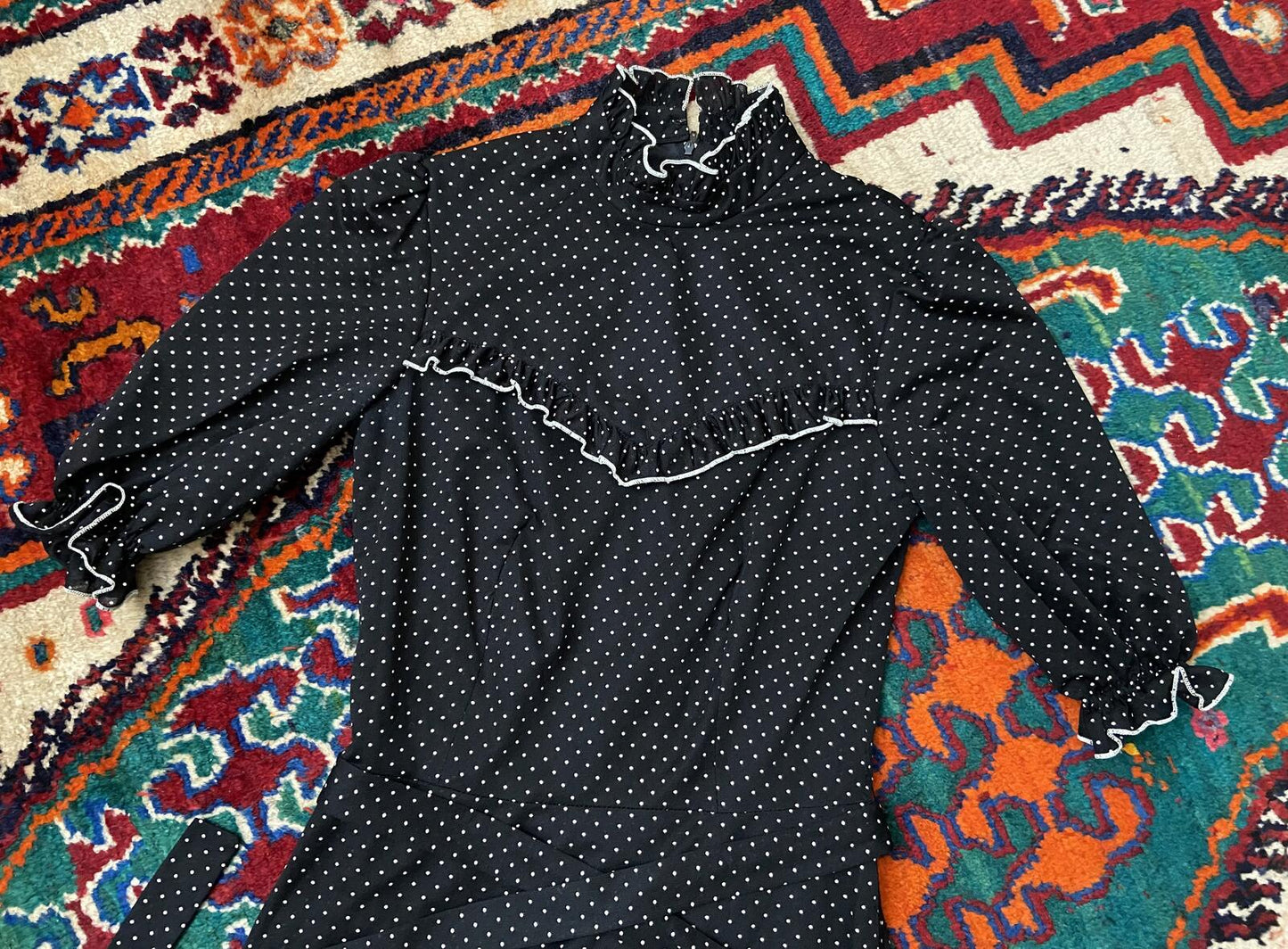 Vintage 1970s Black White Polka Dot Prairie Dress