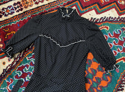 Vintage 1970s Black White Polka Dot Prairie Dress