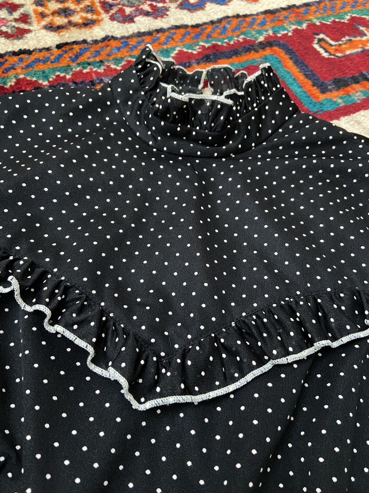Vintage 1970s Black White Polka Dot Prairie Dress