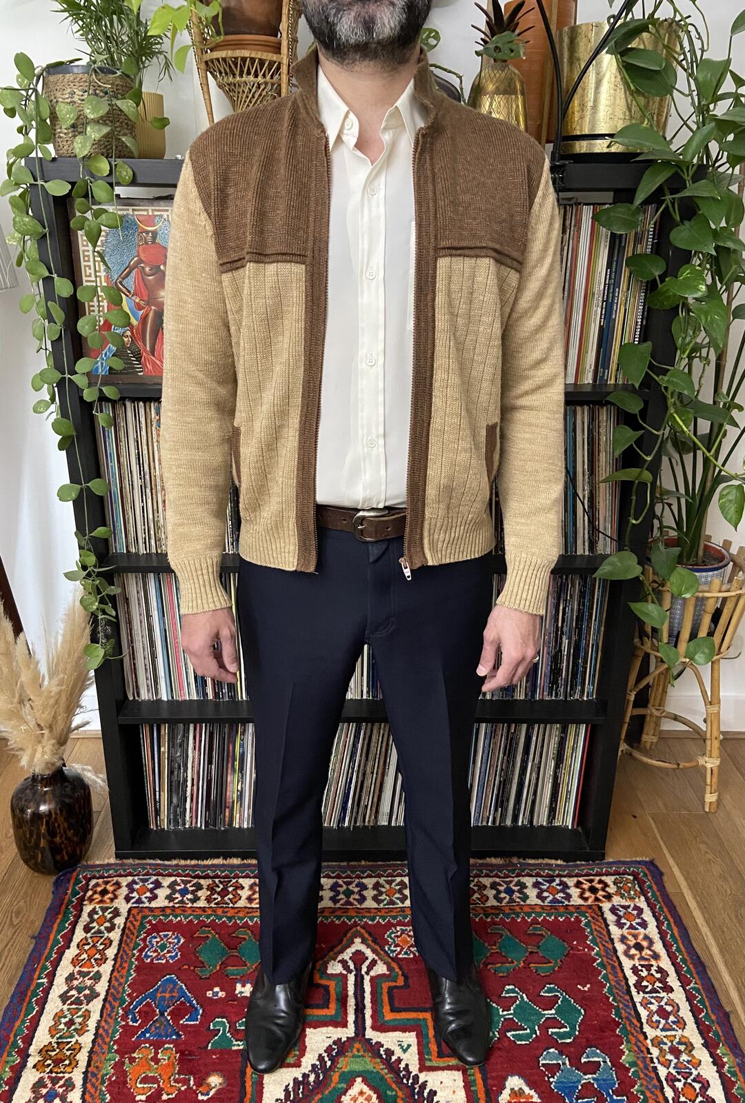 Vintage 1970s Brown & Beige Ribbed Cardigan