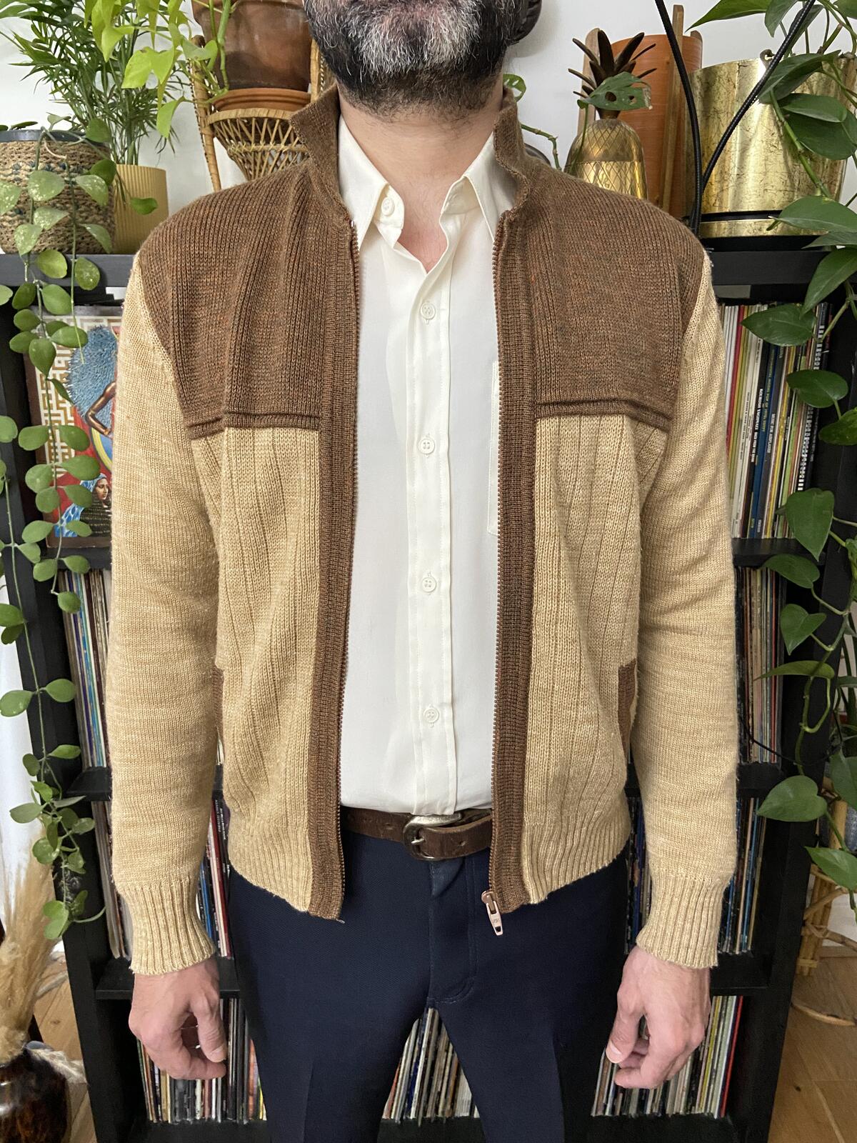 Vintage 1970s Brown & Beige Ribbed Cardigan