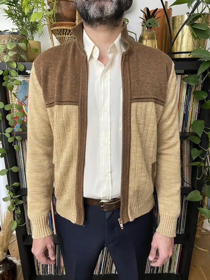 Vintage 1970s Brown & Beige Ribbed Cardigan