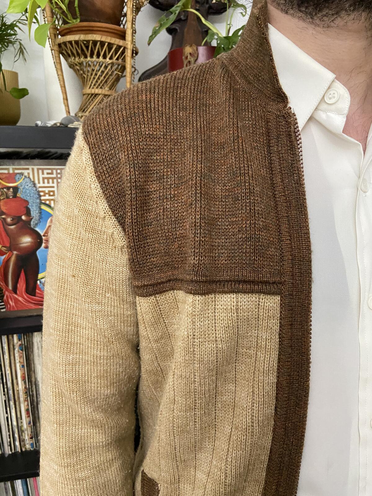 Vintage 1970s Brown & Beige Ribbed Cardigan