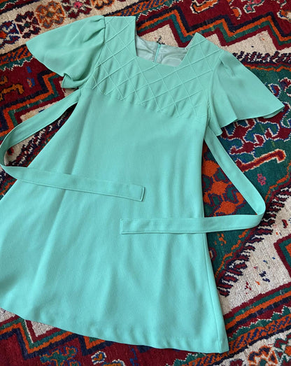 Vintage 1970s Mint Green Flutter Sleeve Mini Dress