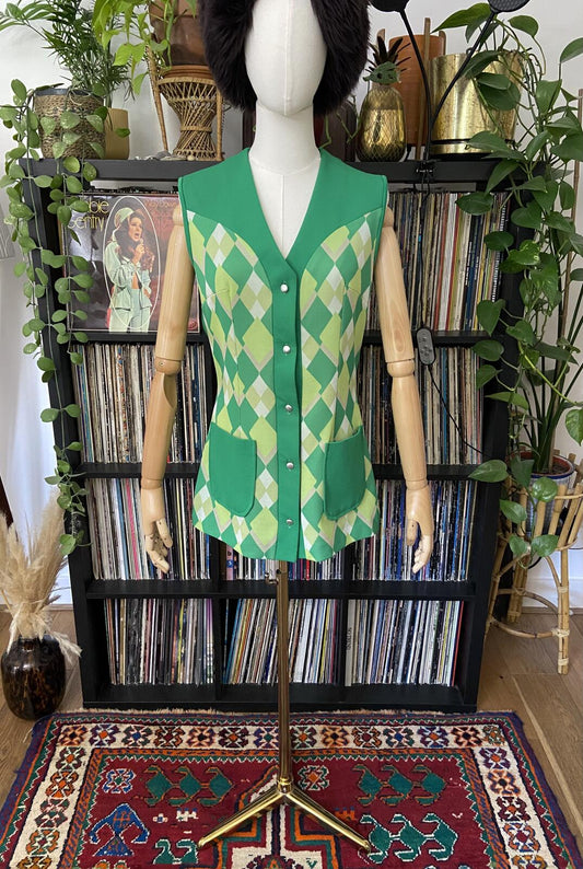 Vintage 1970s Green Argyle Micro Mini Dress