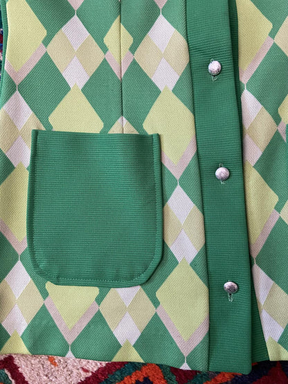 Vintage 1970s Green Argyle Micro Mini Dress