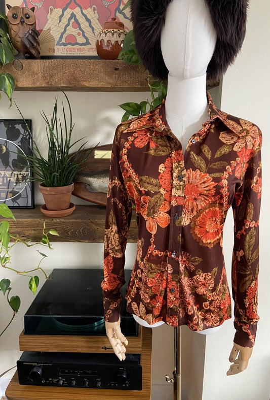 Vintage 1970s Brown Orange Dagger Collar Shirt
