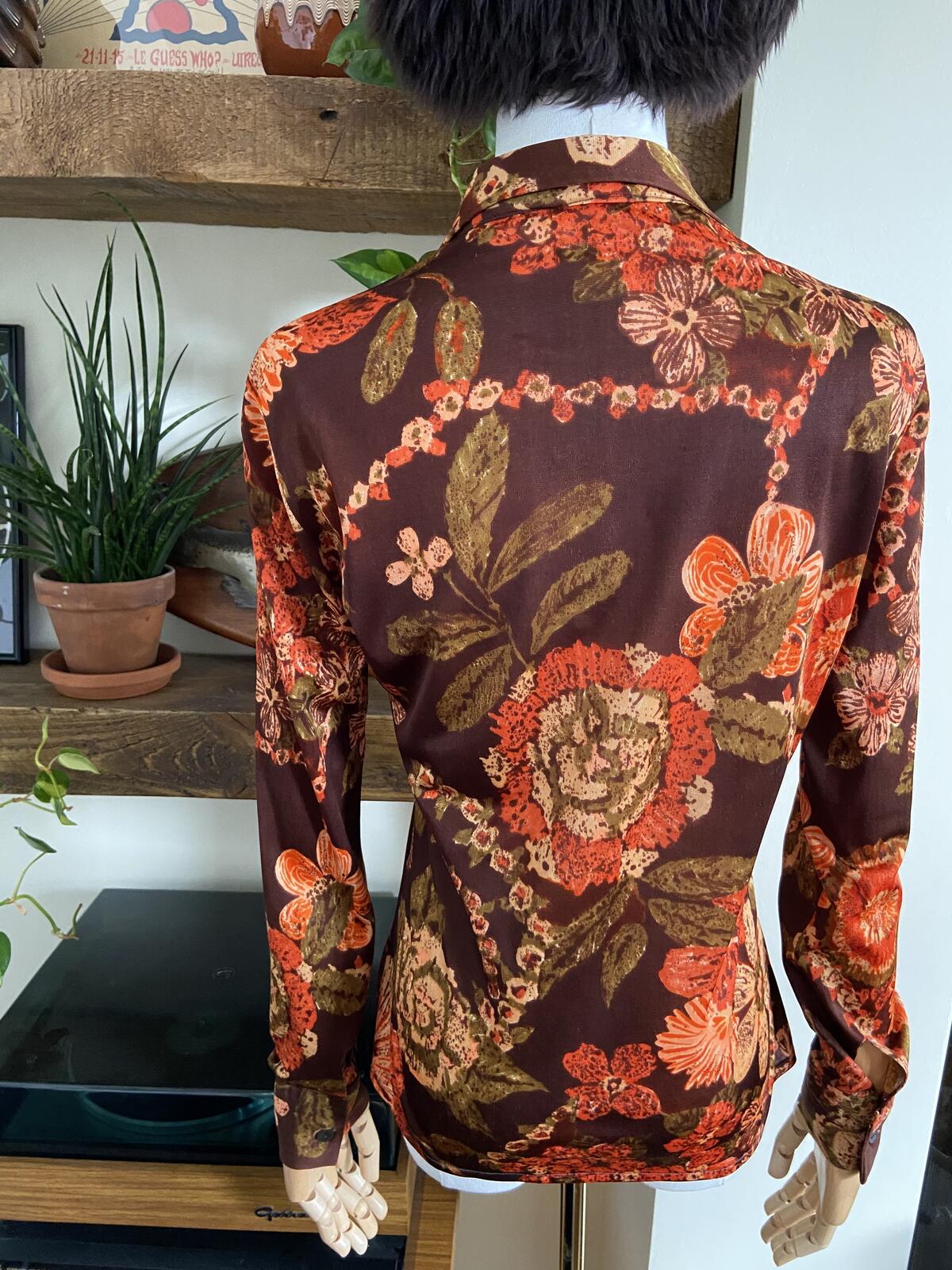 Vintage 1970s Brown Orange Dagger Collar Shirt