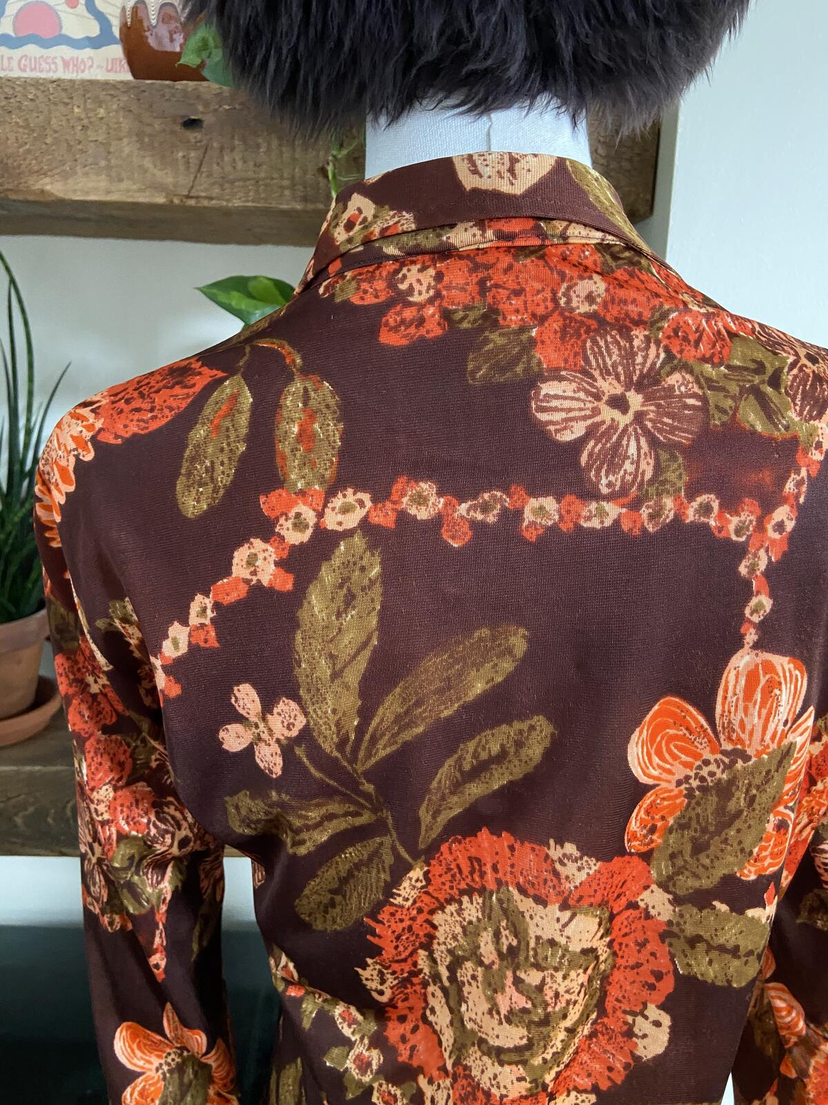 Vintage 1970s Brown Orange Dagger Collar Shirt