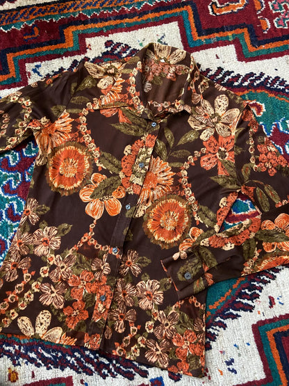 Vintage 1970s Brown Orange Dagger Collar Shirt