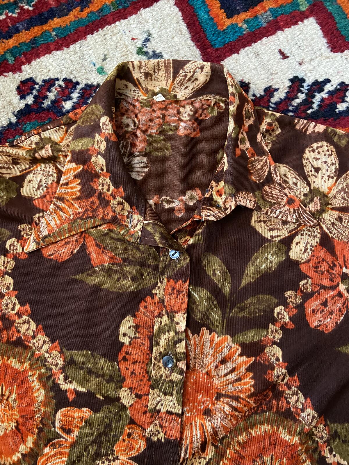 Vintage 1970s Brown Orange Dagger Collar Shirt