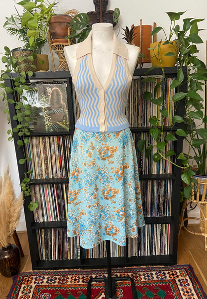 Vintage 1970s Pale Blue Floral A-Line Skirt