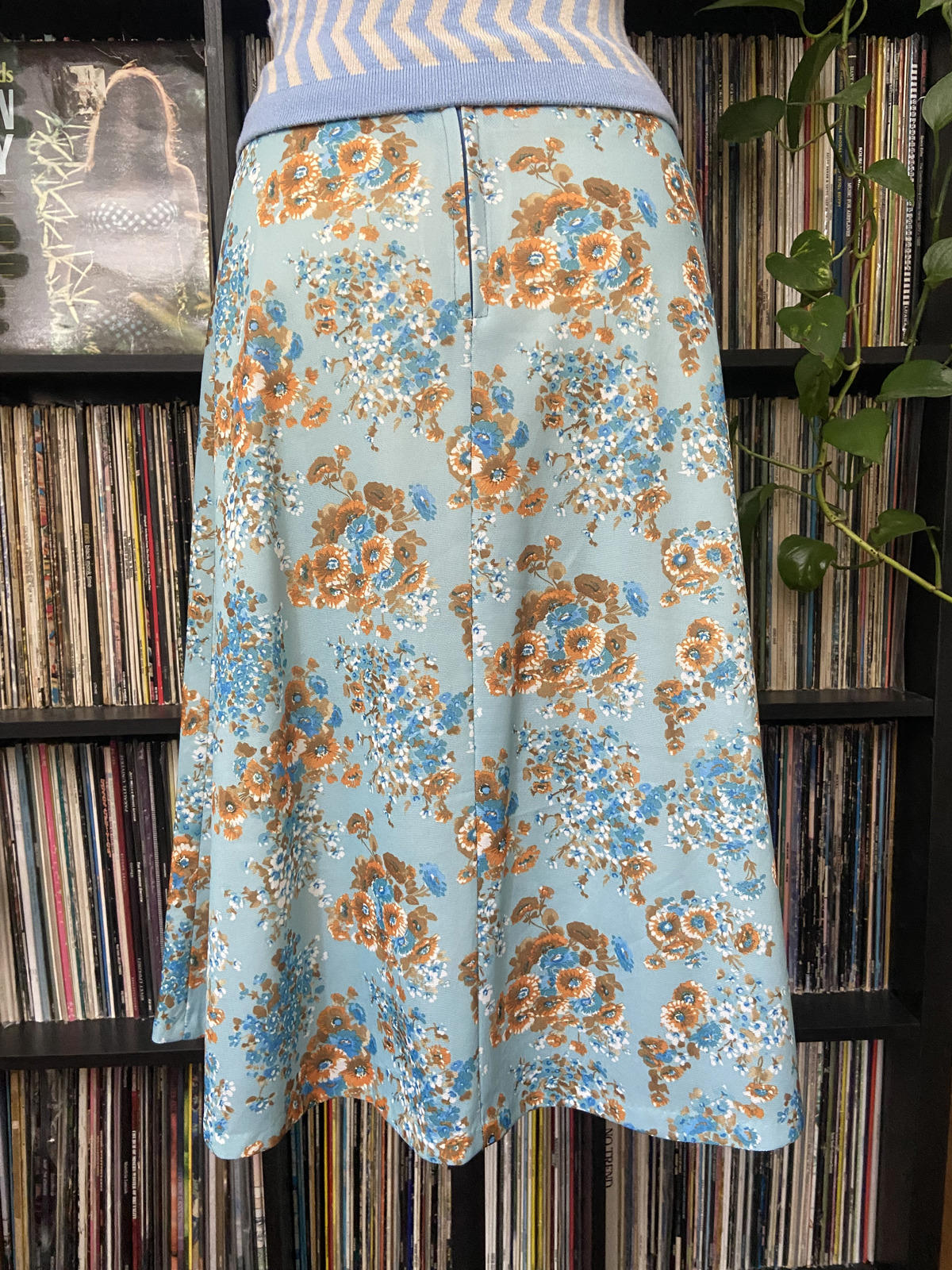 Vintage 1970s Pale Blue Floral A-Line Skirt