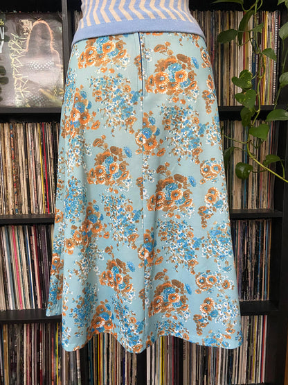 Vintage 1970s Pale Blue Floral A-Line Skirt