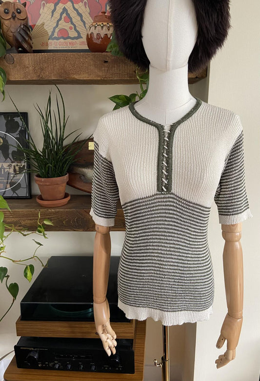 Vintage 1970s Green Cream Striped Knit Top