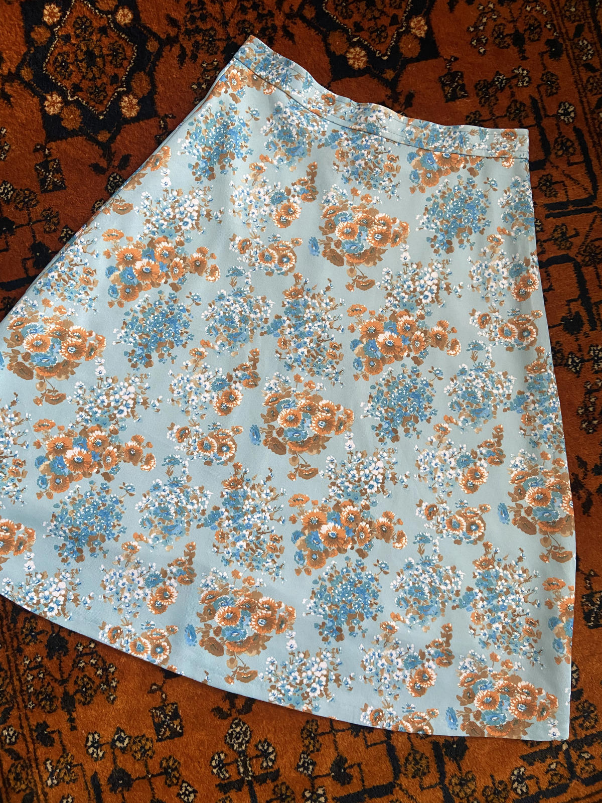 Vintage 1970s Pale Blue Floral A-Line Skirt