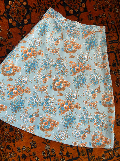 Vintage 1970s Pale Blue Floral A-Line Skirt