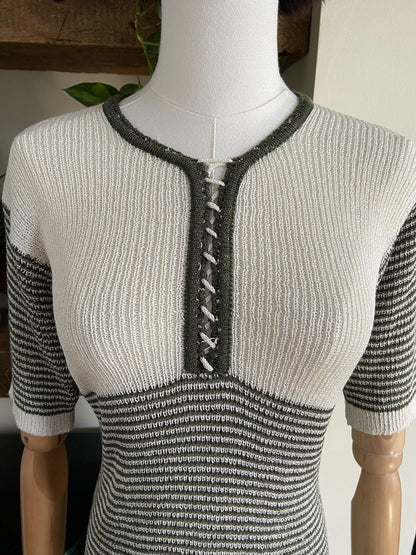 Vintage 1970s Green Cream Striped Knit Top