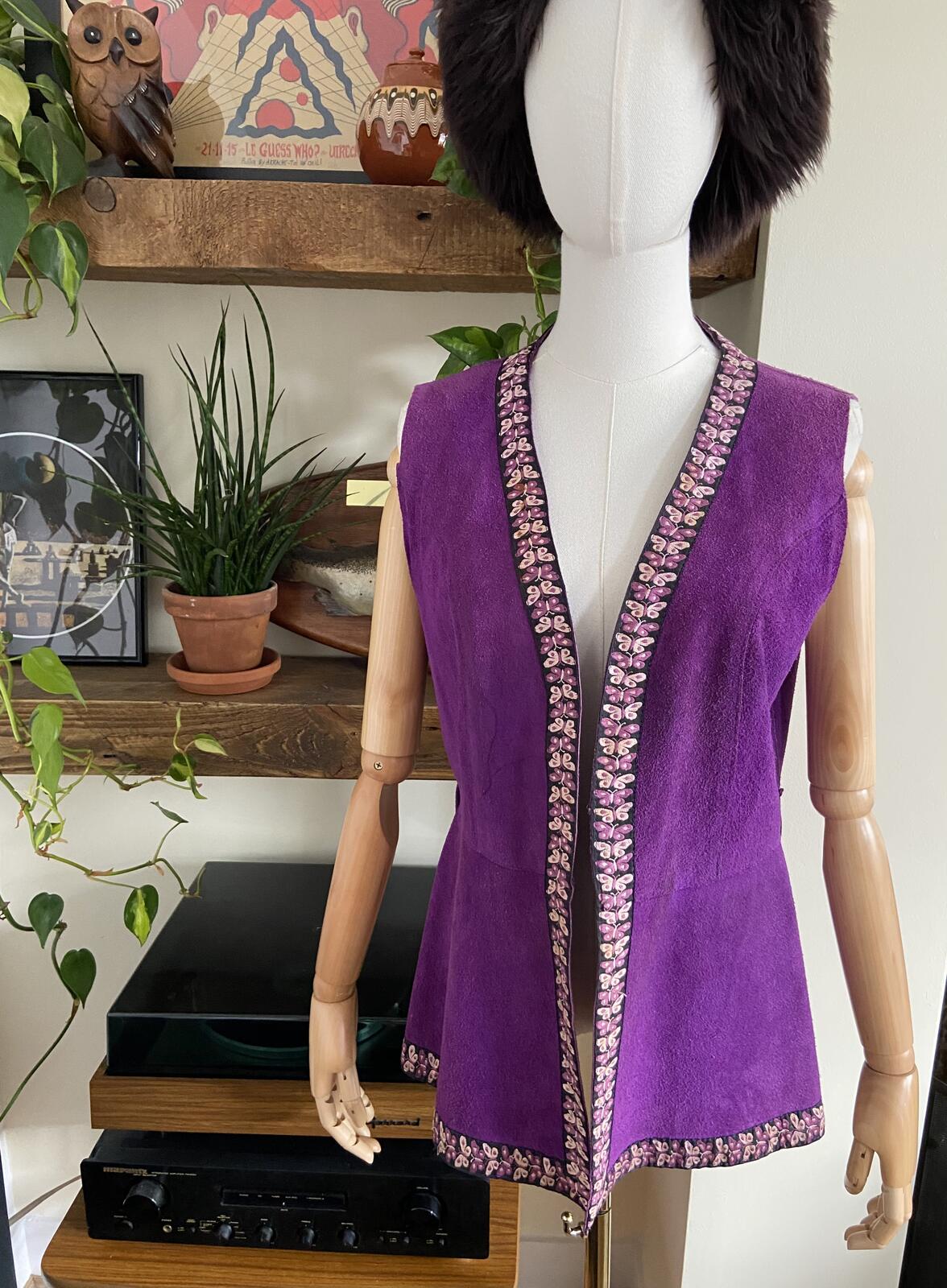 Vintage 1970s Purple Suede Butterfly Trim Waistcoat
