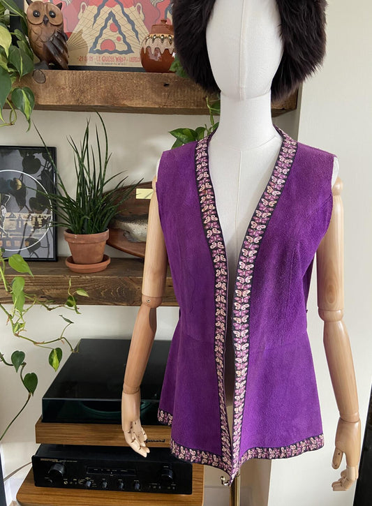 Vintage 1970s Purple Suede Butterfly Trim Waistcoat