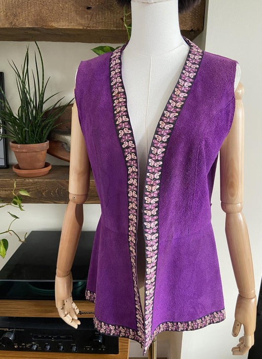 Vintage 1970s Purple Suede Butterfly Trim Waistcoat