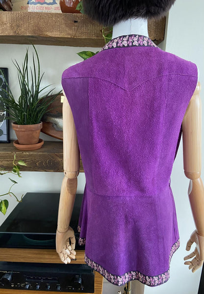 Vintage 1970s Purple Suede Butterfly Trim Waistcoat