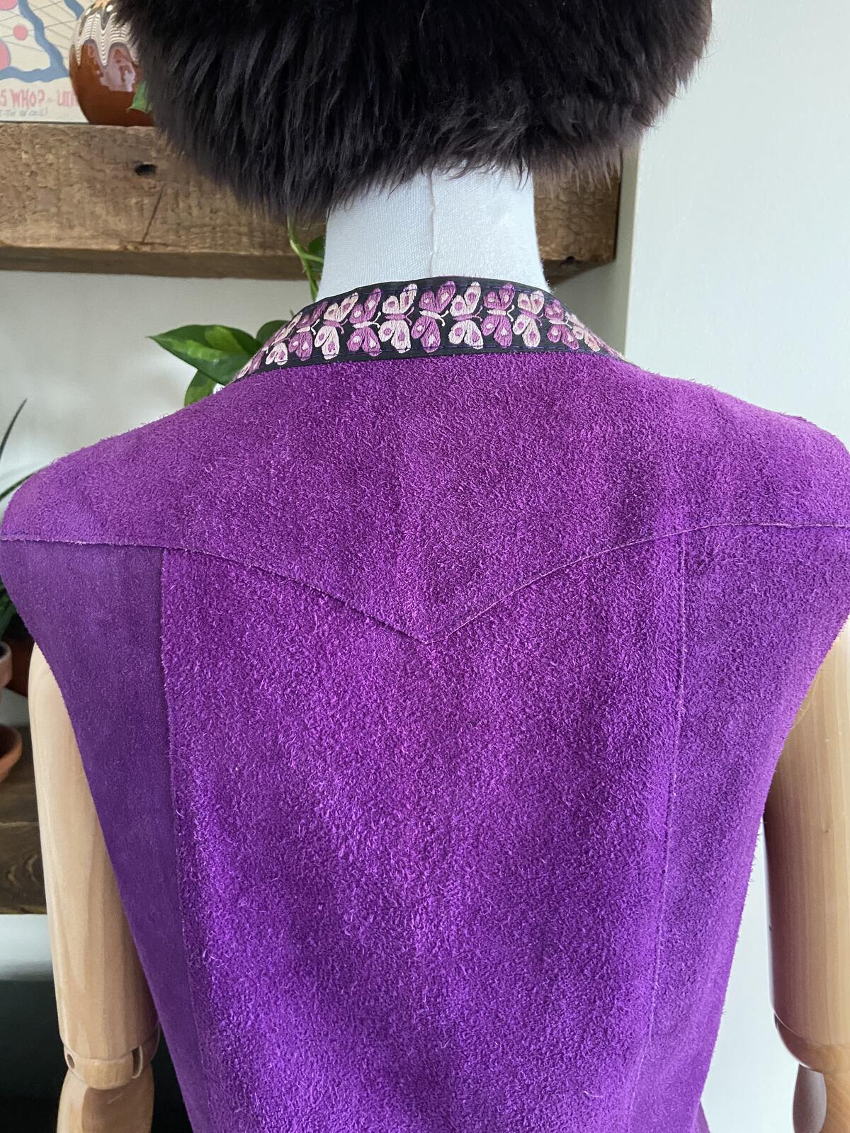 Vintage 1970s Purple Suede Butterfly Trim Waistcoat