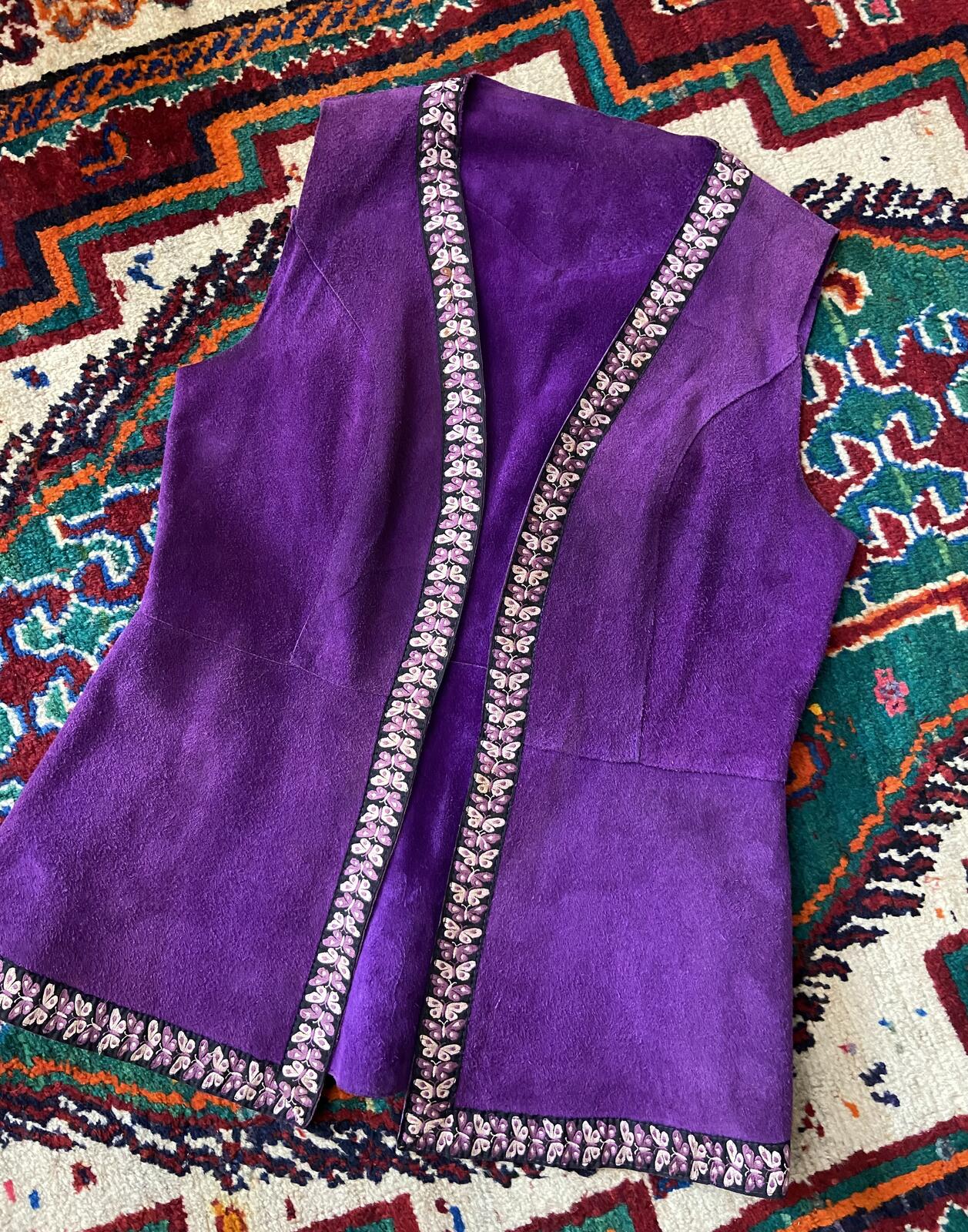 Vintage 1970s Purple Suede Butterfly Trim Waistcoat