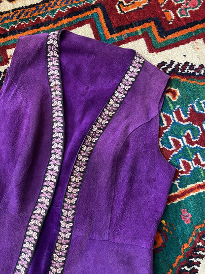 Vintage 1970s Purple Suede Butterfly Trim Waistcoat