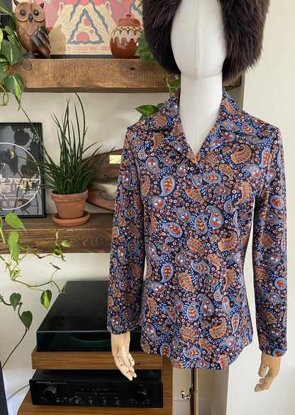 Vintage 1970s Navy Paisley Dagger Collar Top