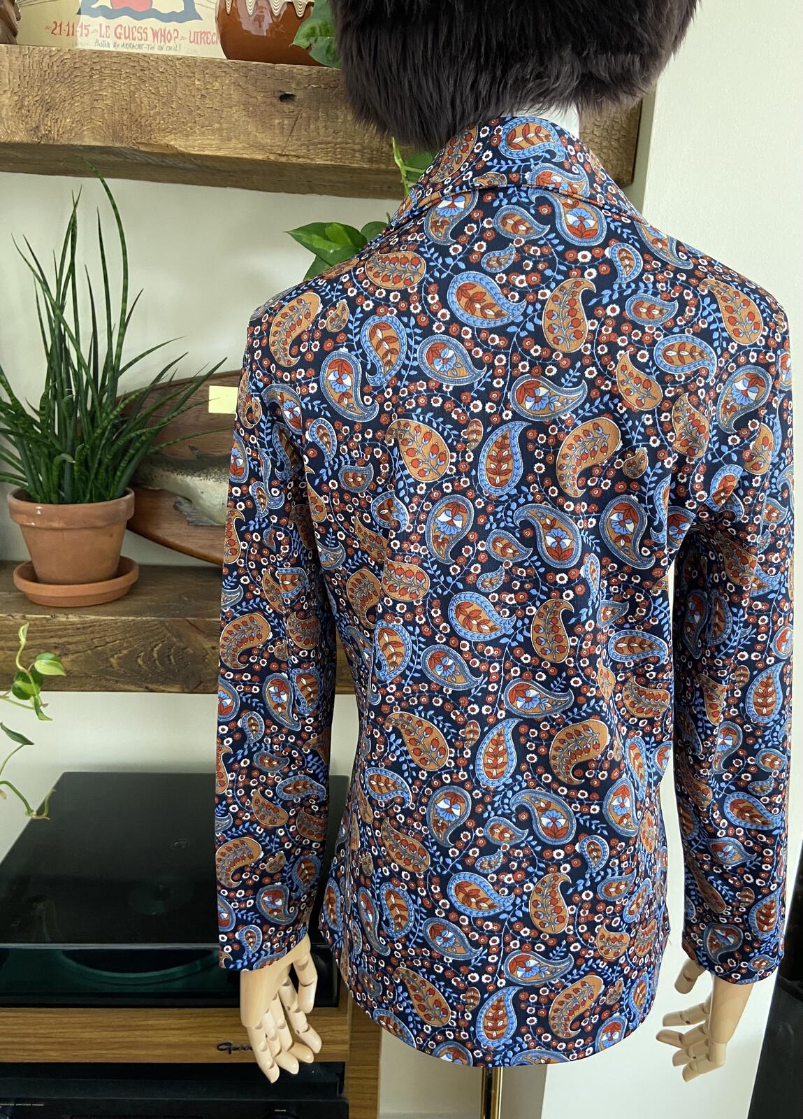 Vintage 1970s Navy Paisley Dagger Collar Top