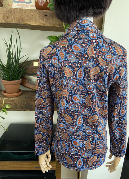 Vintage 1970s Navy Paisley Dagger Collar Top