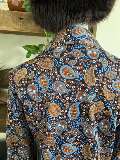 Vintage 1970s Navy Paisley Dagger Collar Top
