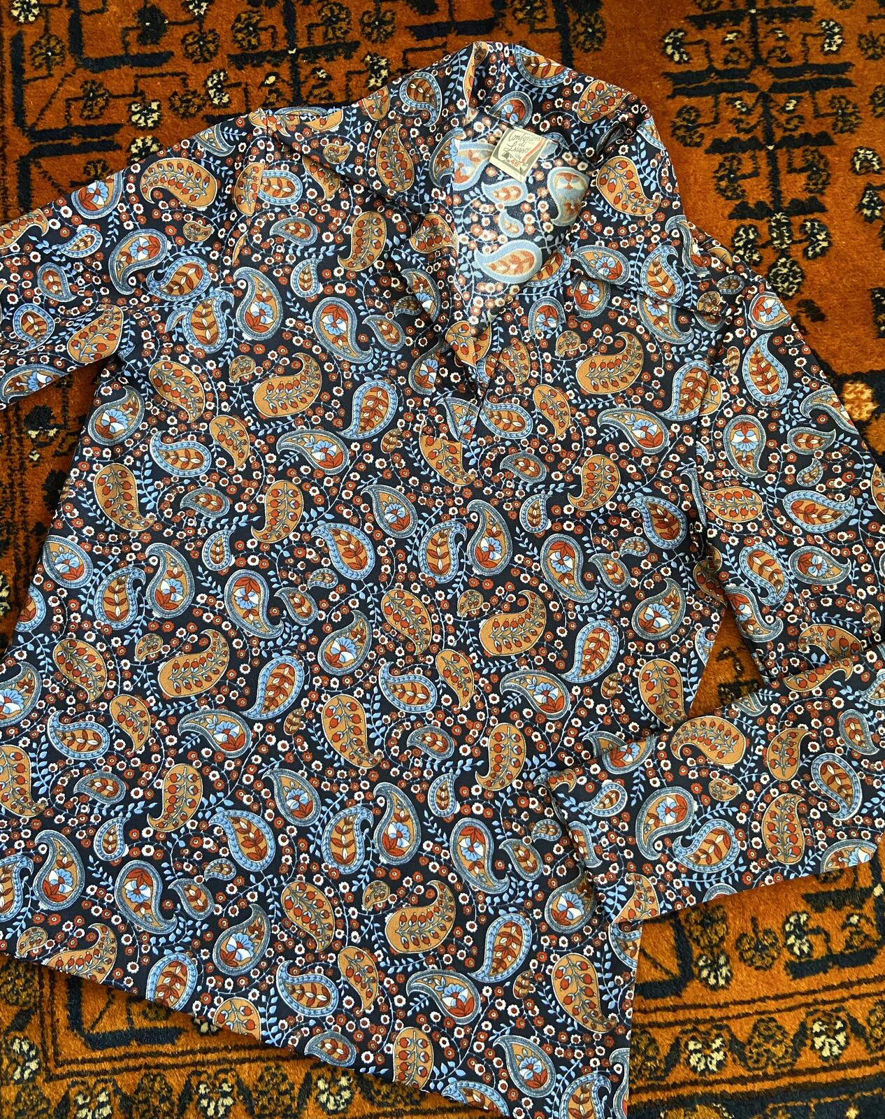 Vintage 1970s Navy Paisley Dagger Collar Top