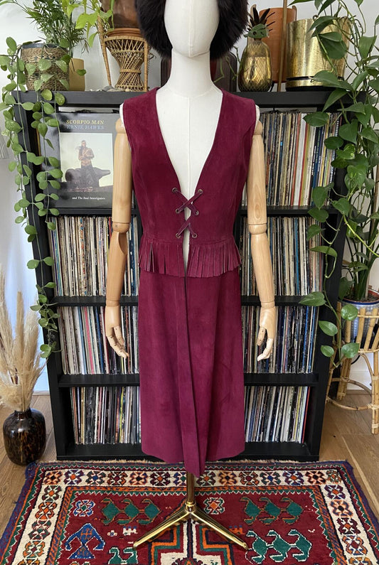 Vintage 1970s Burgundy Fringe Suede Dress