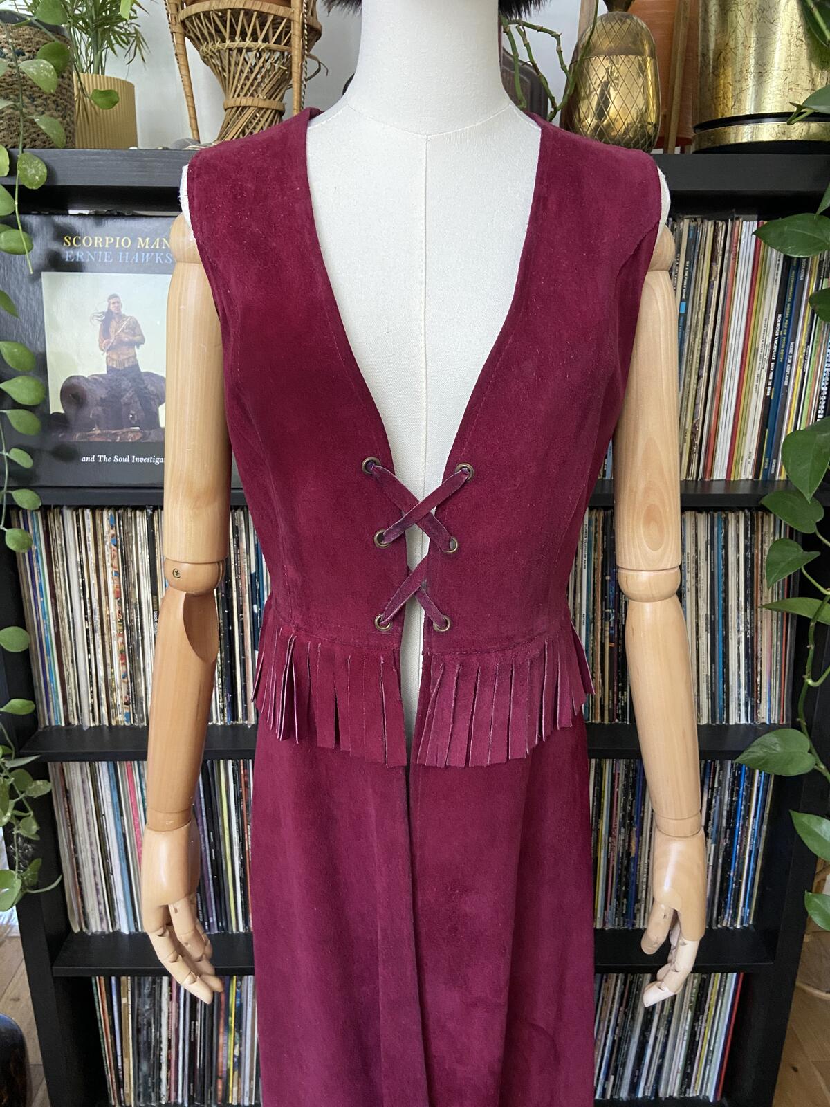 Vintage 1970s Burgundy Fringe Suede Dress
