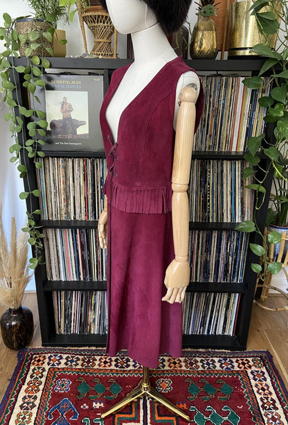 Vintage 1970s Burgundy Fringe Suede Dress