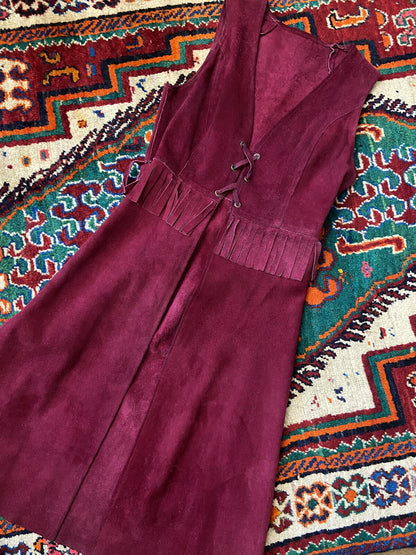 Vintage 1970s Burgundy Fringe Suede Dress