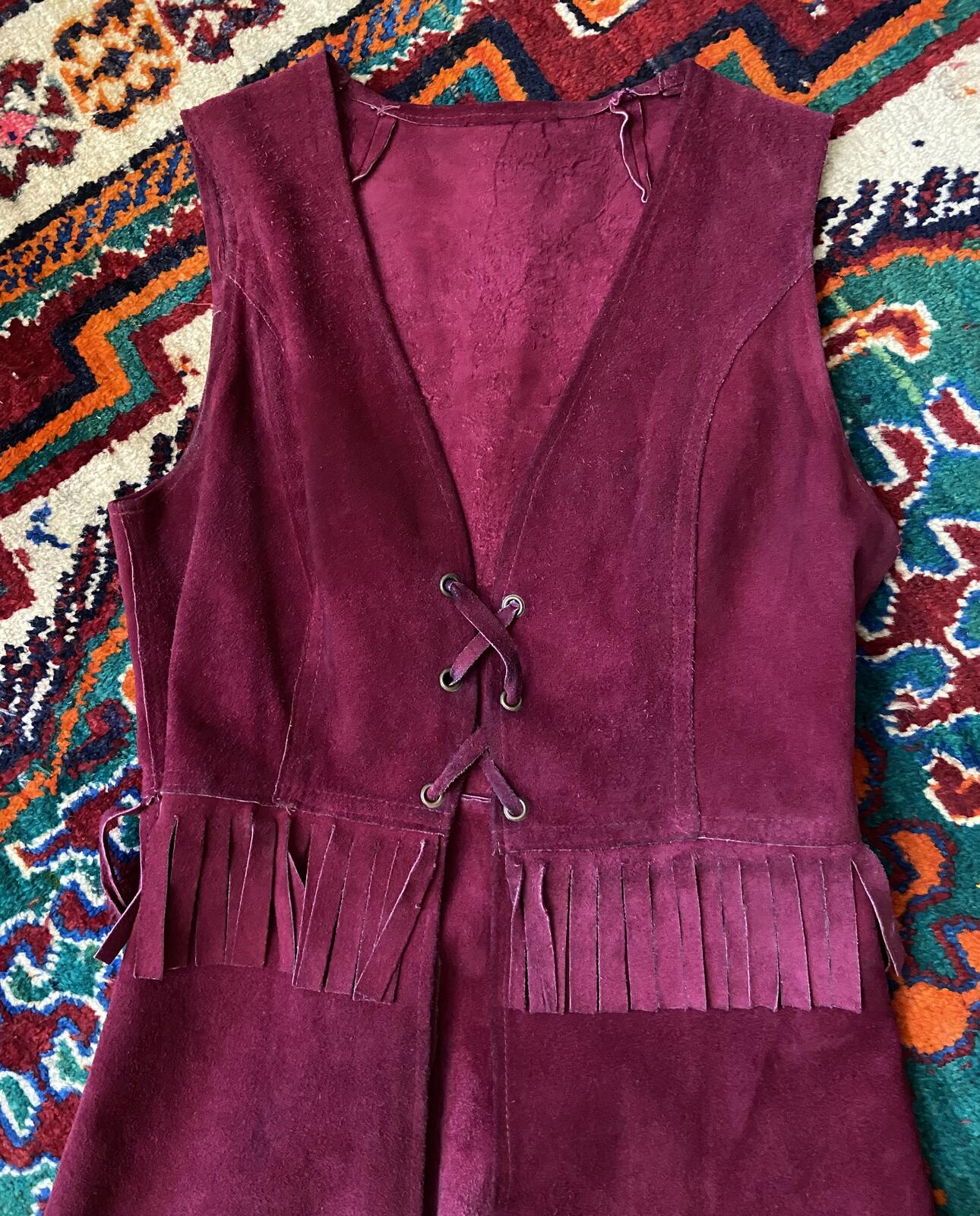 Vintage 1970s Burgundy Fringe Suede Dress