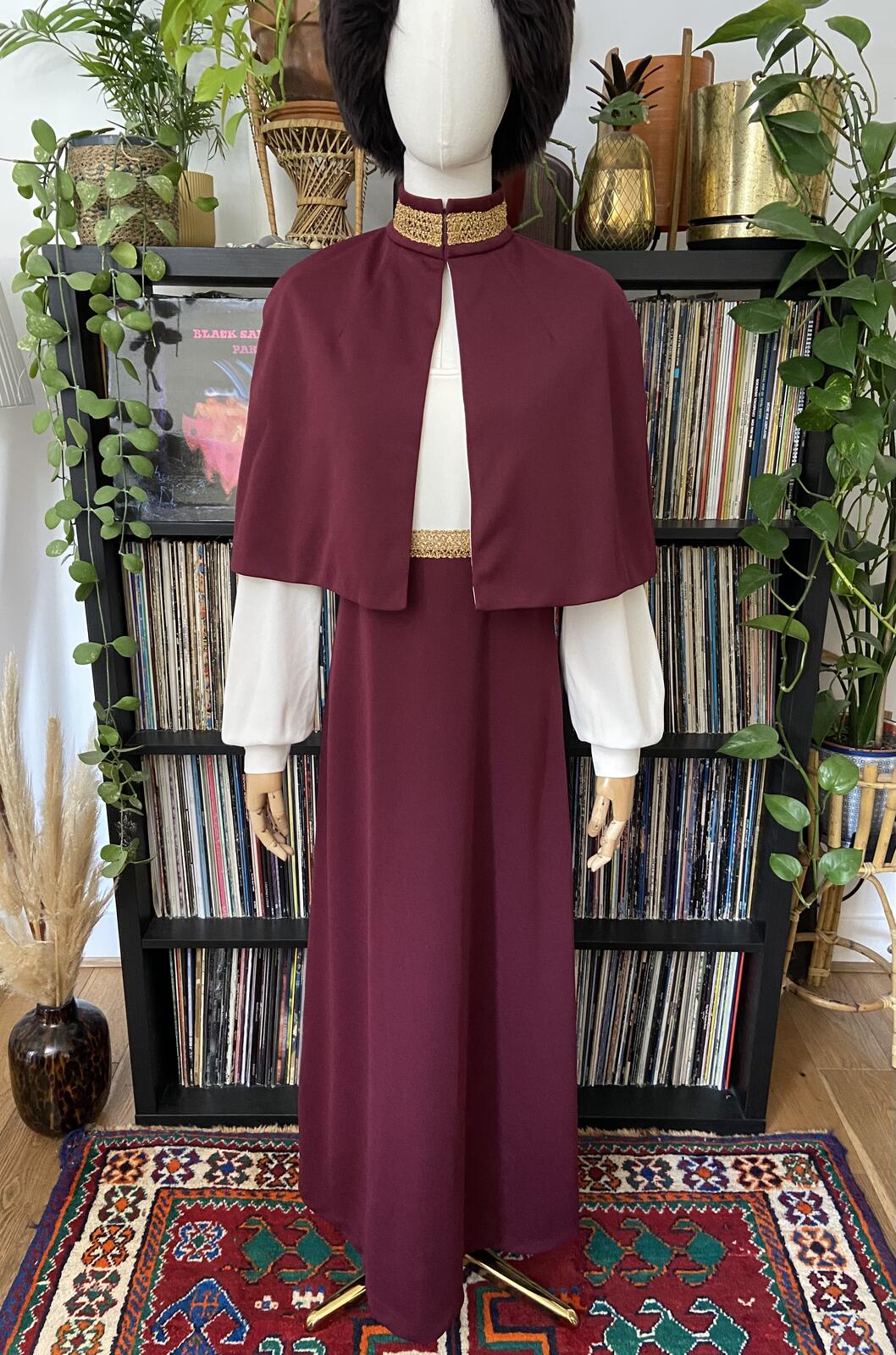 Vintage 1970s Burgundy Medieval Revival Dress And Cape