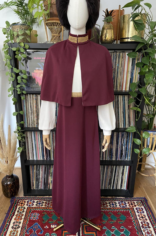 Vintage 1970s Burgundy Medieval Revival Dress And Cape