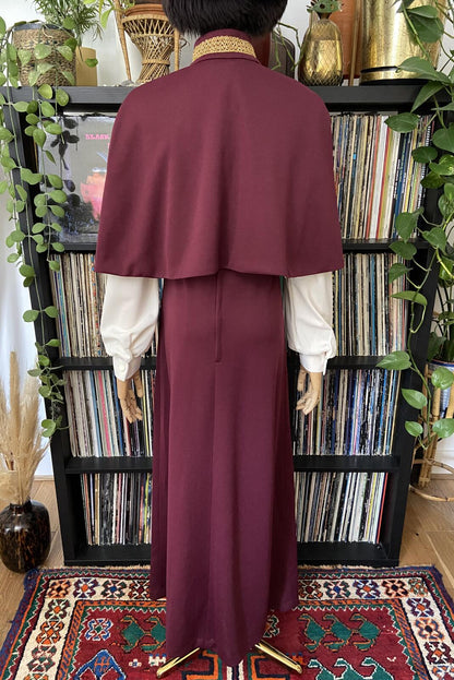 Vintage 1970s Burgundy Medieval Revival Dress And Cape