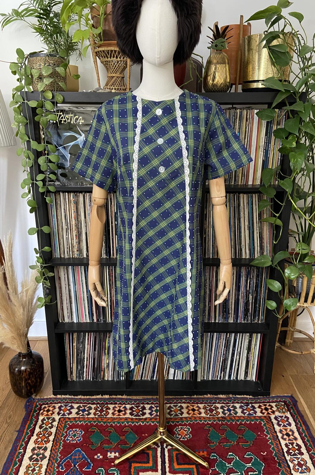 Vintage 1970s Navy Plaid Shift Dress