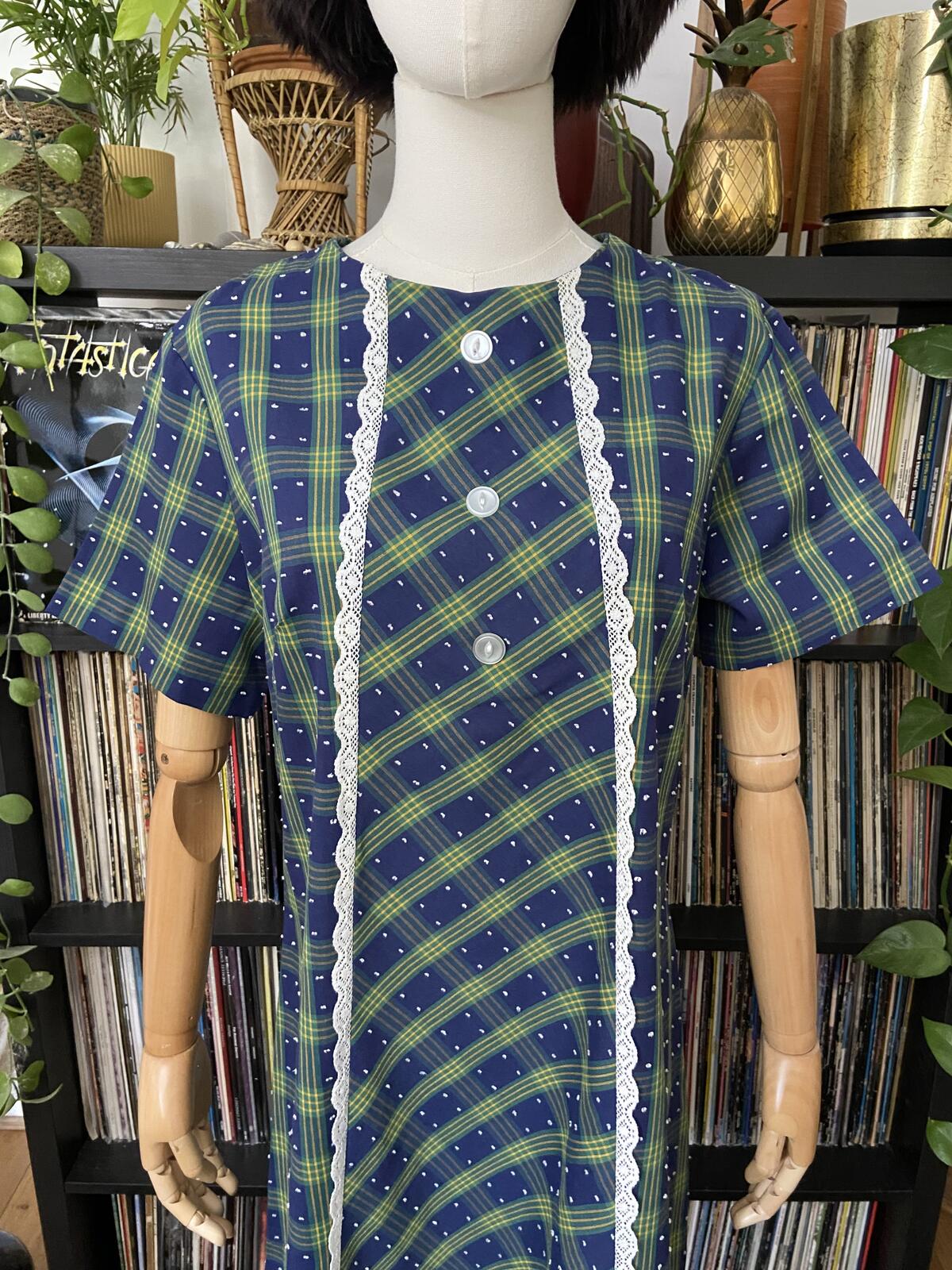 Vintage 1970s Navy Plaid Shift Dress