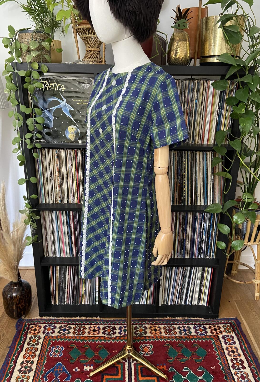 Vintage 1970s Navy Plaid Shift Dress