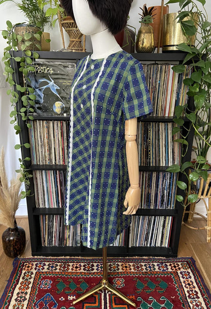 Vintage 1970s Navy Plaid Shift Dress