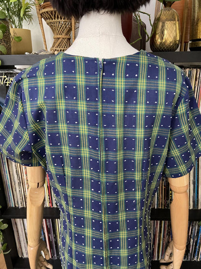 Vintage 1970s Navy Plaid Shift Dress