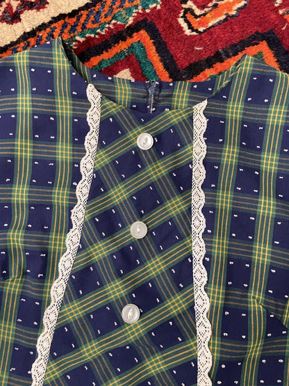 Vintage 1970s Navy Plaid Shift Dress