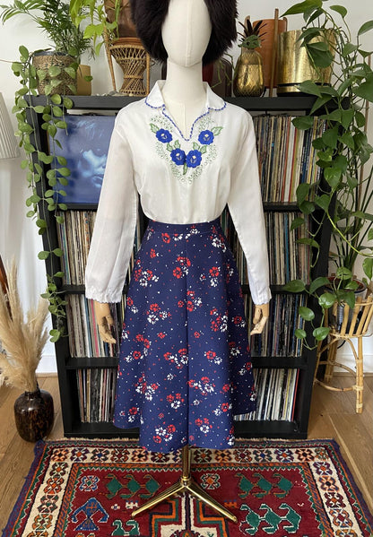 Vintage 1970s Navy Floral A-Line Skirt